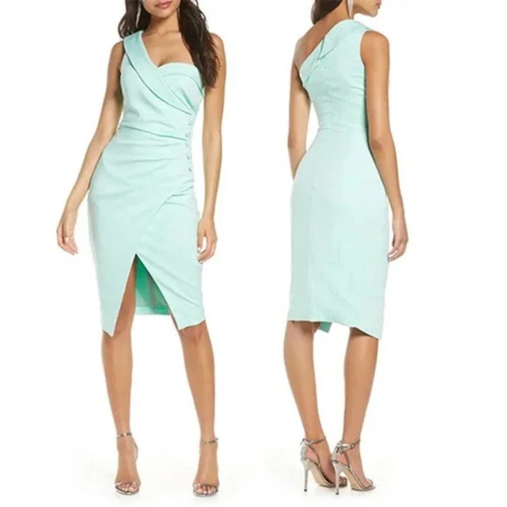 Lavish Alice One Shoulder Button Wrap Silhouette Dress Mint Green Size: 8 NWOT - Picture 1 of 9